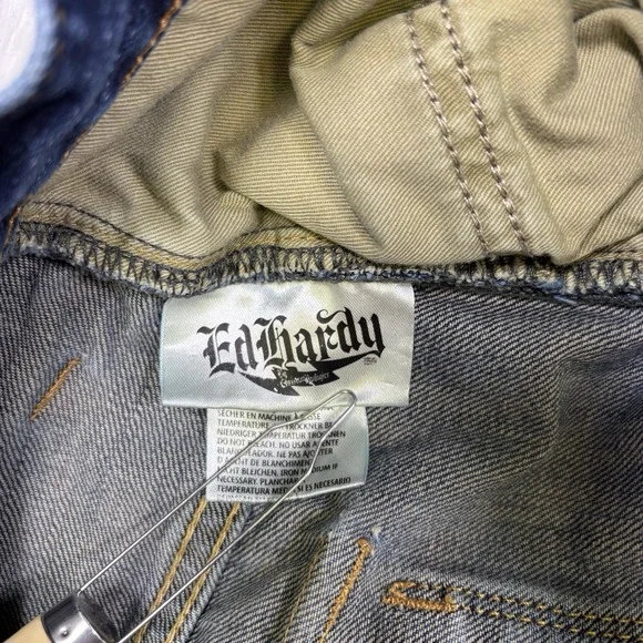Ed Hardy Jeans Mens 36x32 Blue Distressed Splatter Straight Flap Pockets Whisker - Picture 12 of 16